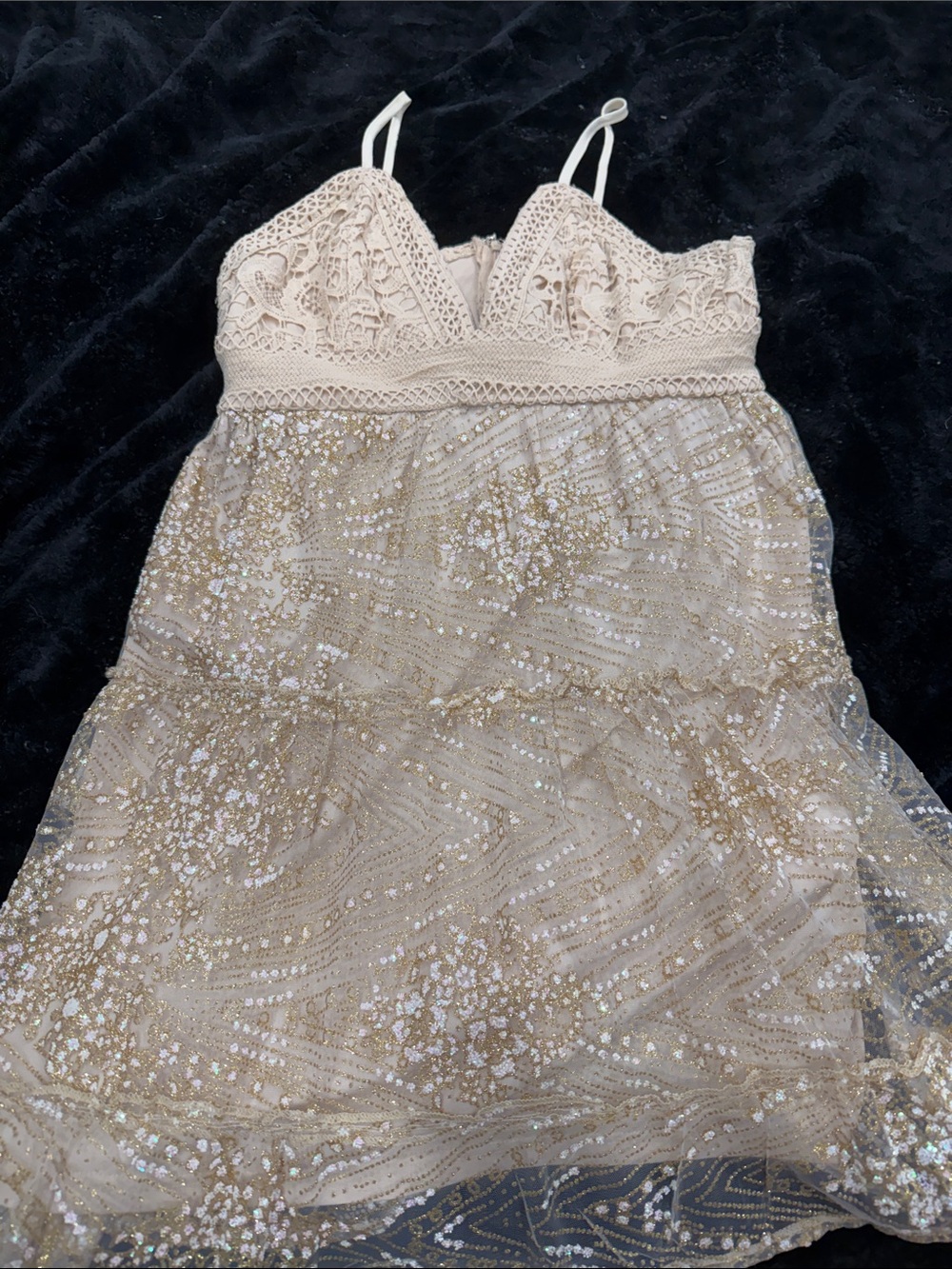 Beaded Lace Mini Dress in Light Gold